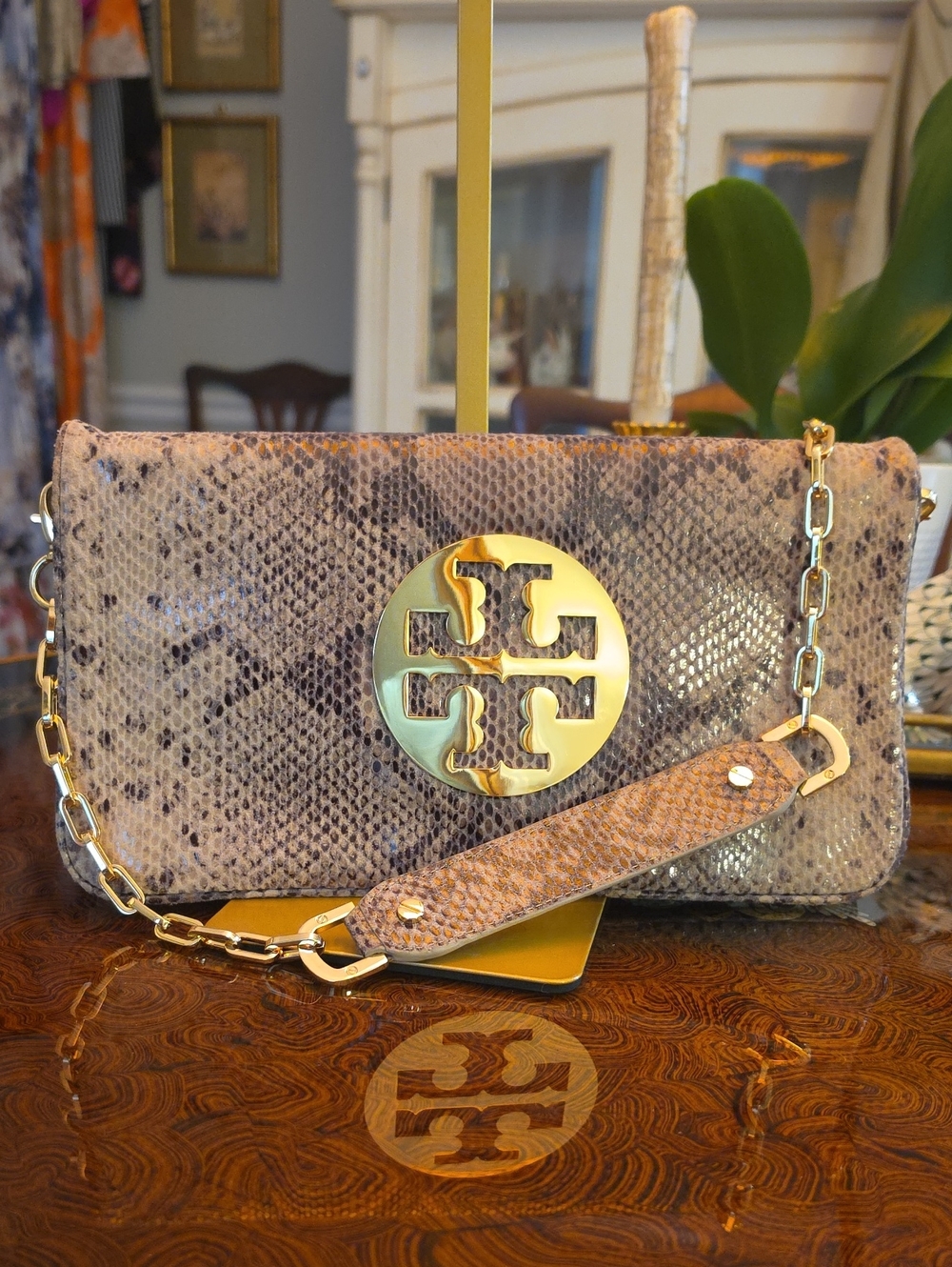 Tory Burch Audra Reva Python Print Leather Shoulder/Clutch Bag
